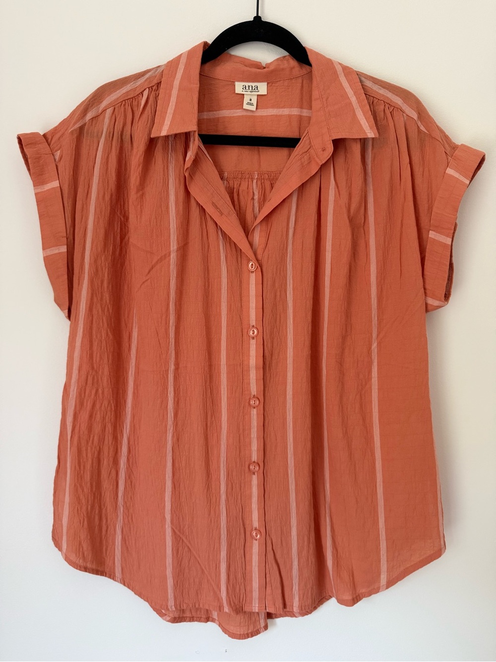 a.n.a Rust and Cream Striped Short Sleeve Button-Down Shirt